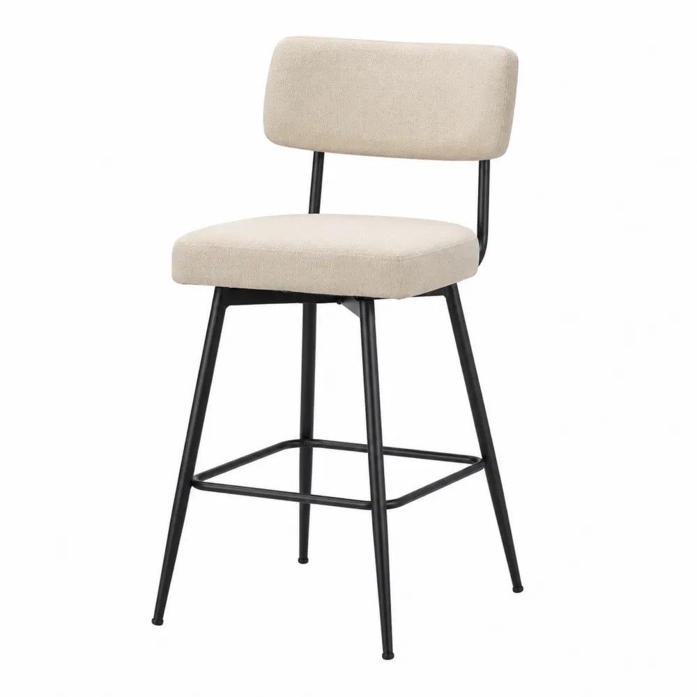 Sgabello da bar imbottito con schienale e poggiapiedi in tessuto bouclé beige e acciaio nero 45x50x95 cm