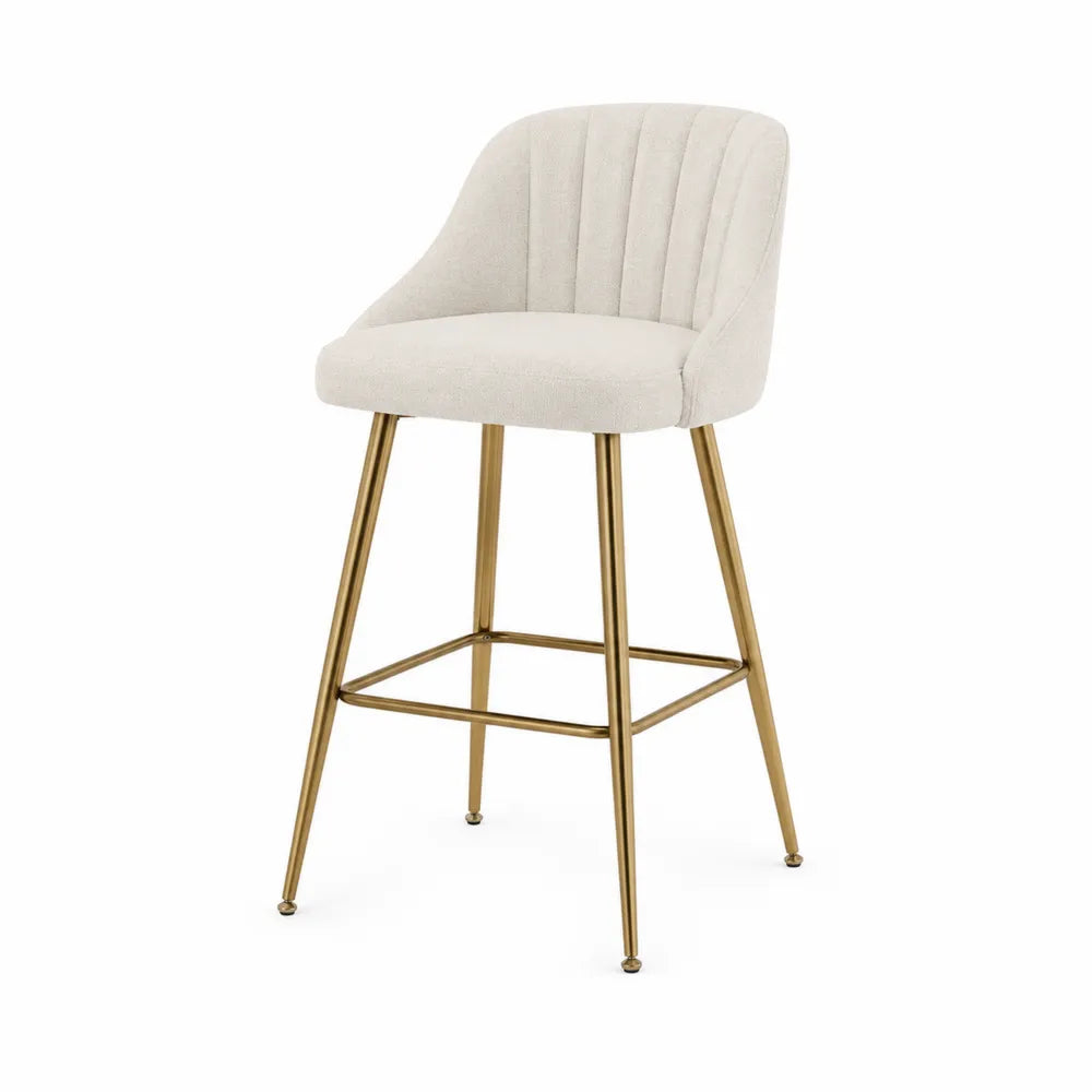 Sgabello da bar con schienale curvo imbottito in tessuto bouclé beige e struttura in acciaio oro 50x52x95 cm
