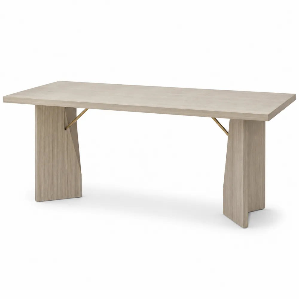 Tavolo da pranzo rettangolare in MDF e truciolare effetto rovere naturale con gambe a pannello e supporti metallici oro 140x80x75 cm
