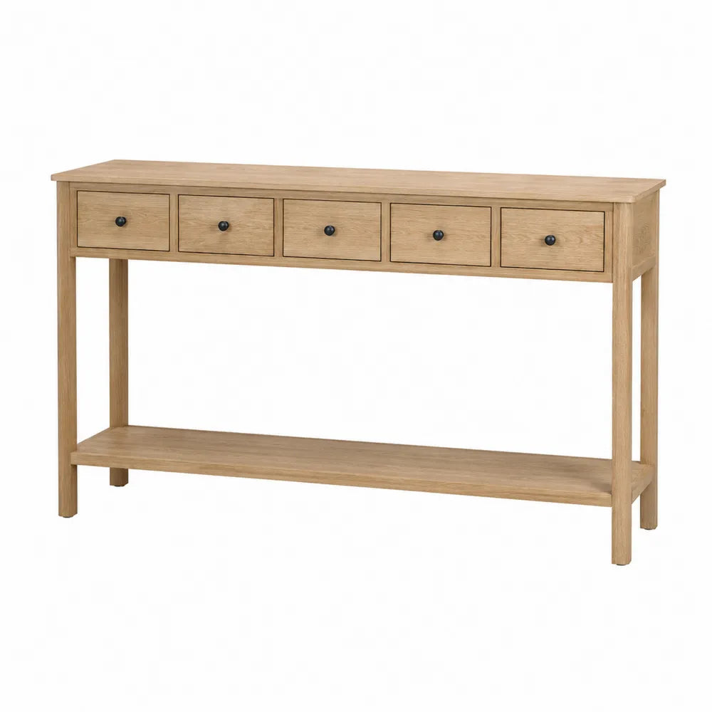 Tavolo consolle rettangolare con 5 cassetti e ripiano inferiore in MDF effetto rovere chiaro con maniglie nere 120x35x80 cm