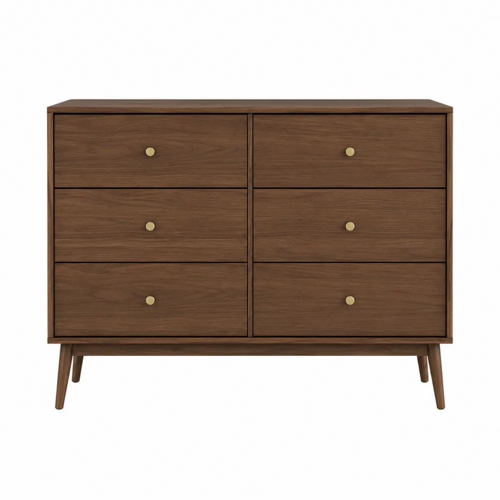 Cassettiera con 6 cassetti in legno effetto noce scuro con pomelli in metallo e gambe inclinate in legno stile moderno