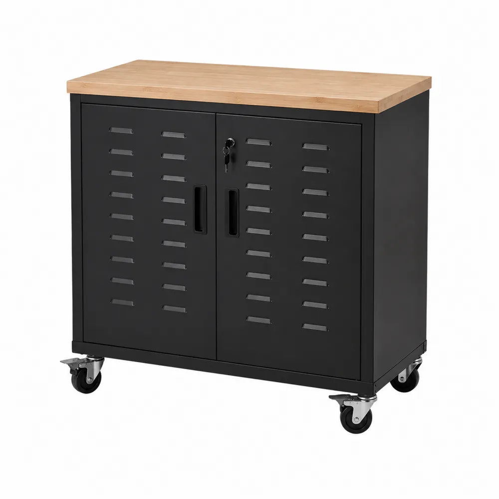 Armadio da garage rettangolare su ruote in acciaio verniciato a polvere con piano in bambù nero e naturale 80 x 40 x 85 cm