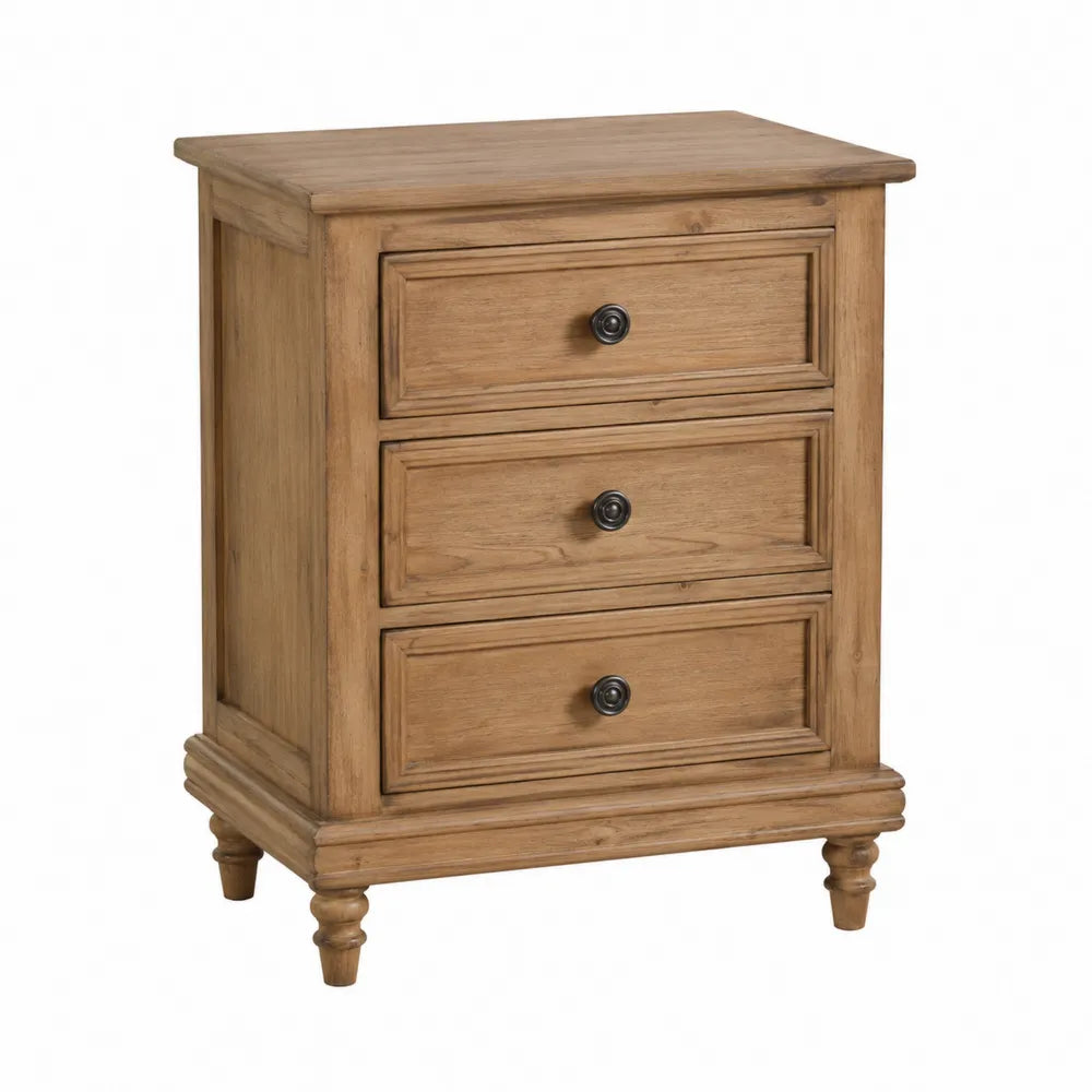 Comodino con 3 cassetti in legno effetto rovere con pomelli in metallo e gambe in legno tornito stile rustico