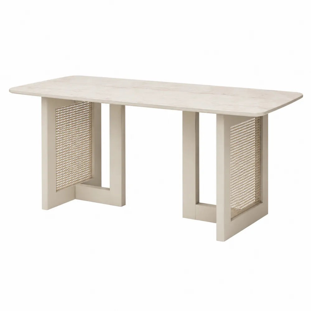 Tavolo da pranzo rettangolare in MDF e truciolare effetto pietra beige con pannelli laterali effetto rattan 160x90x75 cm