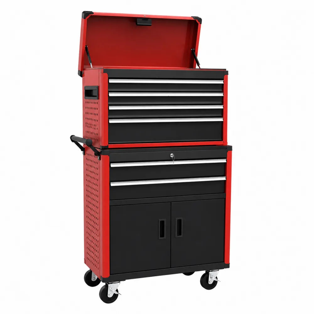 Carrello portautensili da officina in acciaio verniciato rosso e nero con cassetti armadio e ruote 70 x 45 x 120 cm