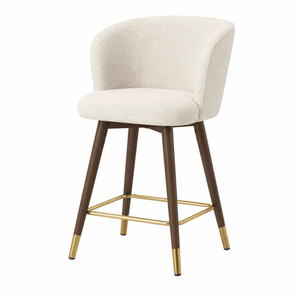 Sgabello da bar con schienale curvo imbottito in tessuto bouclé beige e gambe in legno marrone con poggiapiedi oro 45x50x95 cm