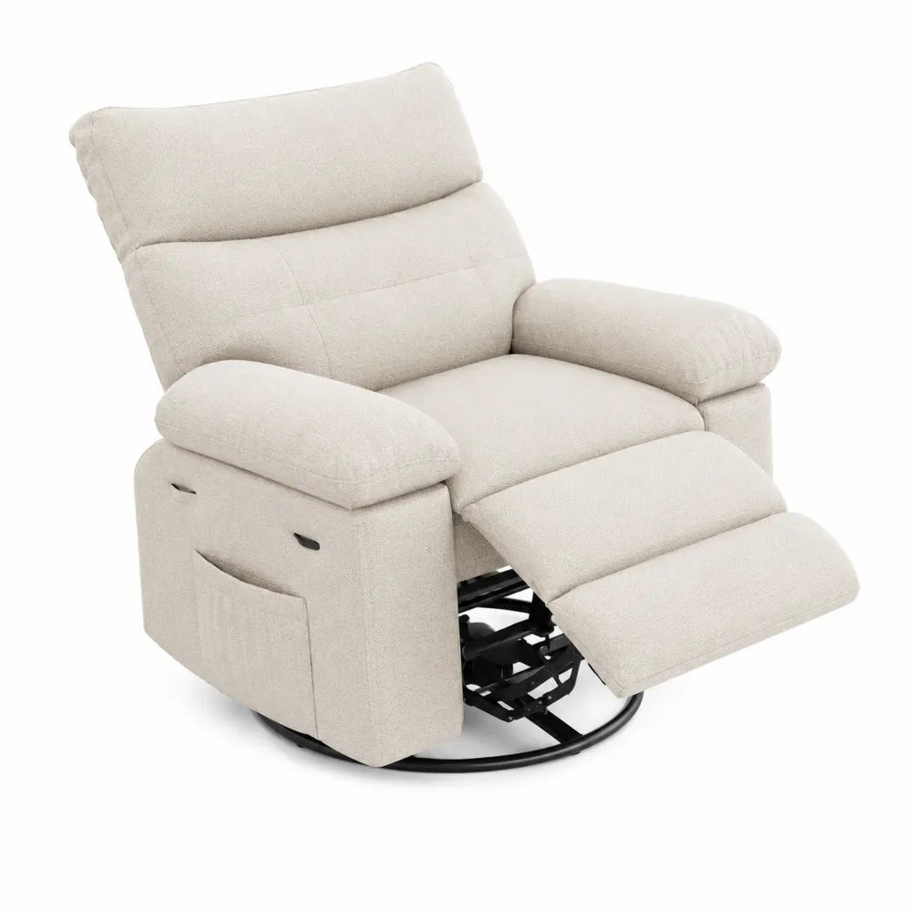 Poltrona reclinabile girevole con poggiapiedi in tessuto beige struttura in legno e metallo dimensioni 85 x 90 x 100 cm