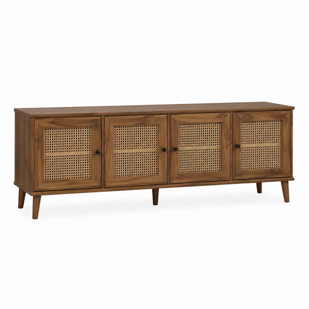 Mobile TV in legno effetto noce con ante in rattan naturale 4 ante e vani interni dimensioni 180 x 40 x 60 cm