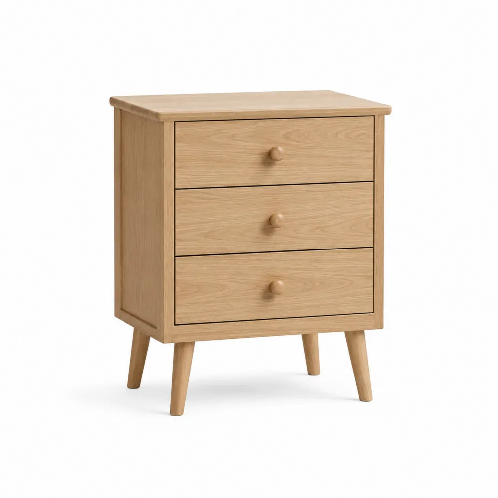Comodino rettangolare con 3 cassetti in MDF effetto rovere naturale e piedini inclinati 45 x 35 x 65 cm