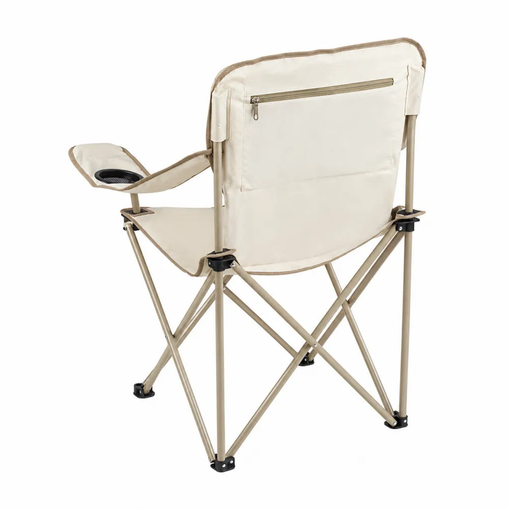 Sedia pieghevole da esterno in acciaio verniciato beige con tessuto Oxford in poliestere beige portabicchiere e tasca posteriore 55 x 60 x 90 cm