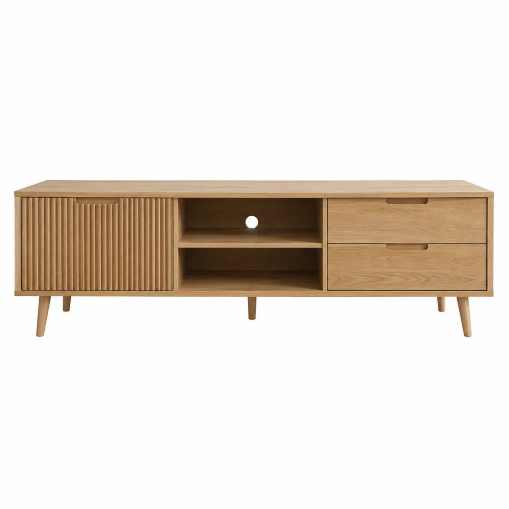 Mobile TV rettangolare in MDF effetto legno naturale con anta scanalata cassetti e vani aperti 180 x 40 x 60 cm