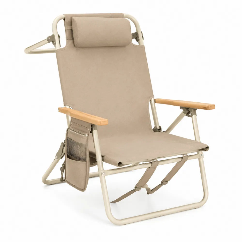 Sedia pieghevole da esterno reclinabile in acciaio verniciato avorio con tessuto Oxford beige braccioli in legno e tasca laterale 90 x 70 x 110 cm
