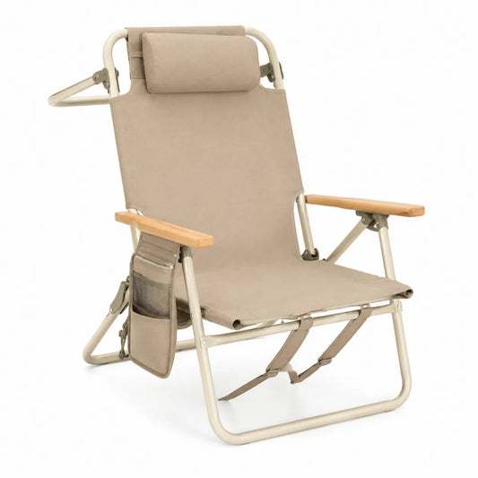 Sedia pieghevole da esterno reclinabile in acciaio verniciato avorio con tessuto Oxford beige braccioli in legno e tasca laterale 90 x 70 x 110 cm