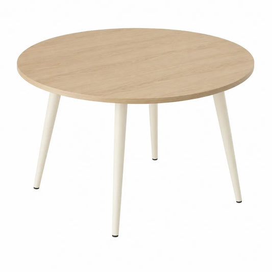 Tavolo da pranzo rotondo in legno con piano effetto rovere e gambe in metallo bianco diametro 100 cm stile moderno
