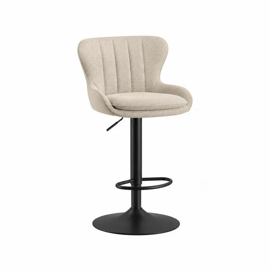 Sgabello da bar regolabile girevole con schienale imbottito in tessuto bouclé beige e base in acciaio nero 48x50x85-105 cm