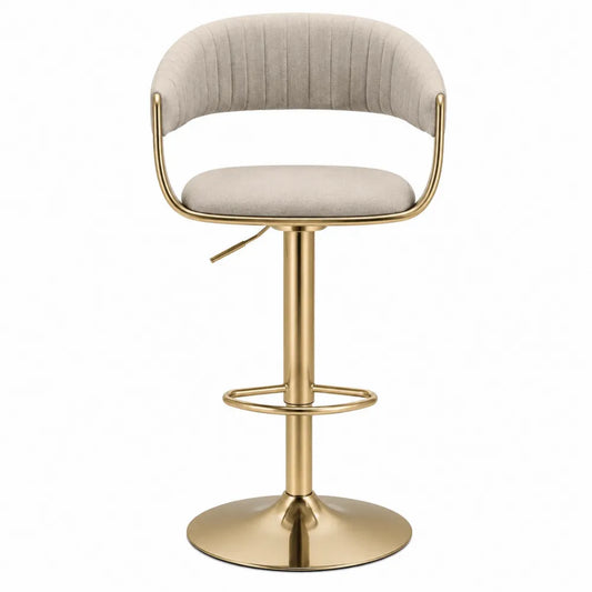 Sgabello da bar in metallo oro con seduta imbottita e schienale curvo regolabile in altezza e girevole 90-110 cm colore beige e oro