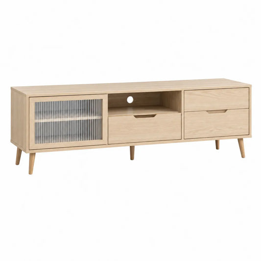 Mobile TV in legno effetto rovere chiaro con anta scorrevole in vetro rigato e cassetti dimensioni 180 x 40 x 50 cm