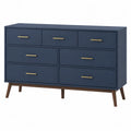 Cassettiera rettangolare con 7 cassetti in MDF blu scuro con maniglie oro e gambe in legno marrone 120 x 40 x 75 cm
