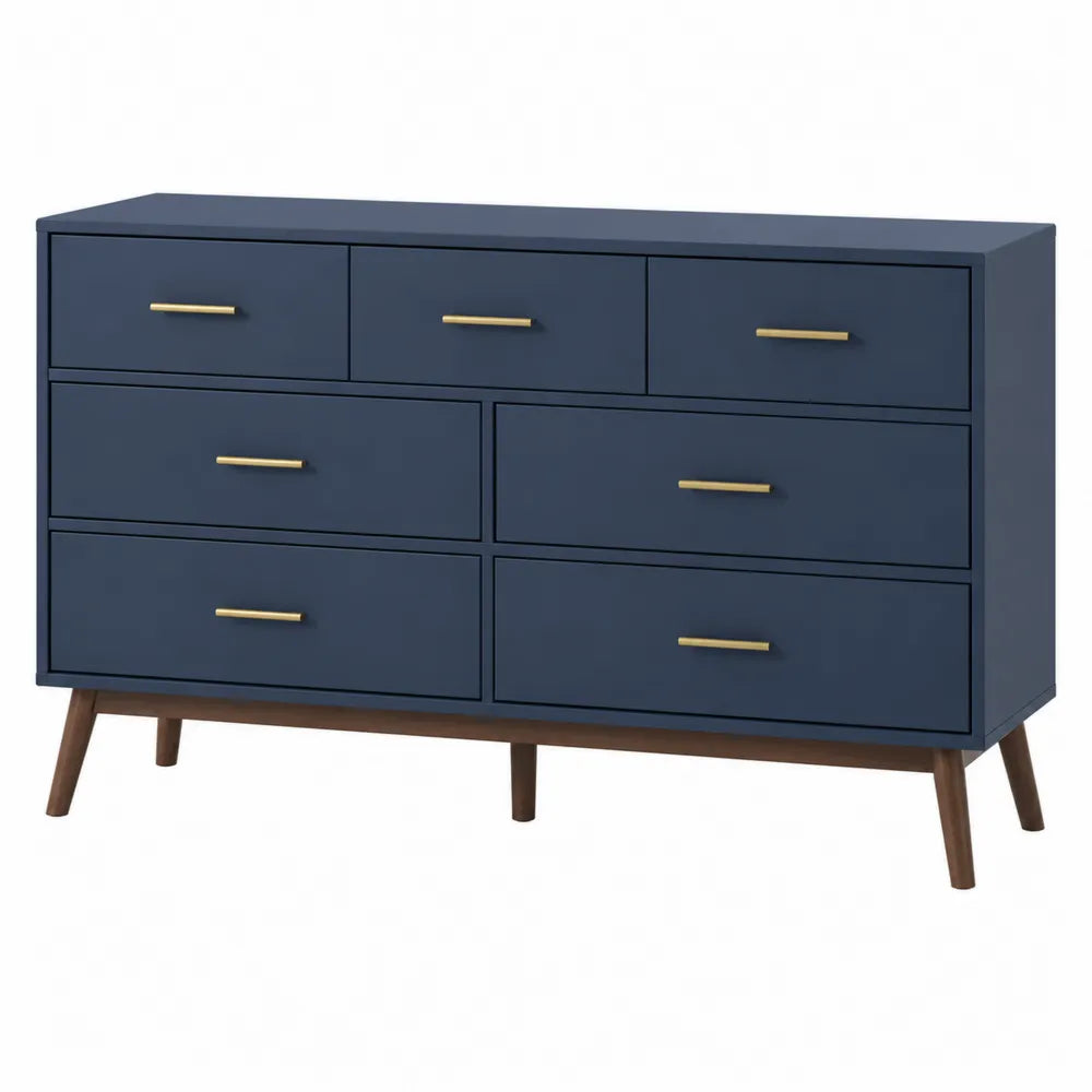 Cassettiera rettangolare con 7 cassetti in MDF blu scuro con maniglie oro e gambe in legno marrone 120 x 40 x 75 cm