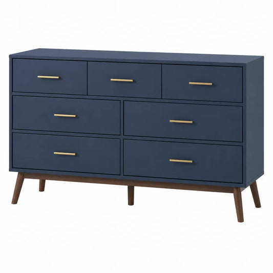 Cassettiera rettangolare con 7 cassetti in MDF blu scuro con maniglie oro e gambe in legno marrone 120 x 40 x 75 cm