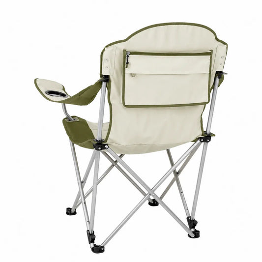 Sedia pieghevole da esterno con braccioli e portabicchiere in alluminio argento con tessuto Oxford beige e verde oliva 55 x 60 x 90 cm