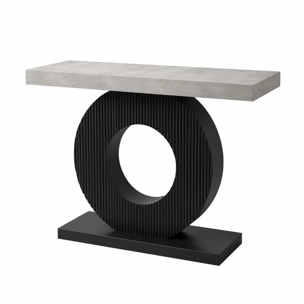 Tavolo consolle rettangolare in MDF effetto cemento grigio con base circolare in acciaio nero 120x40x75 cm