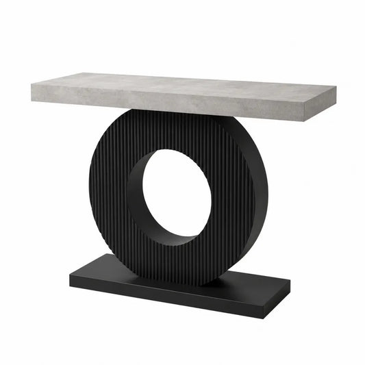Tavolo consolle rettangolare in MDF effetto cemento grigio con base circolare in acciaio nero 120x40x75 cm