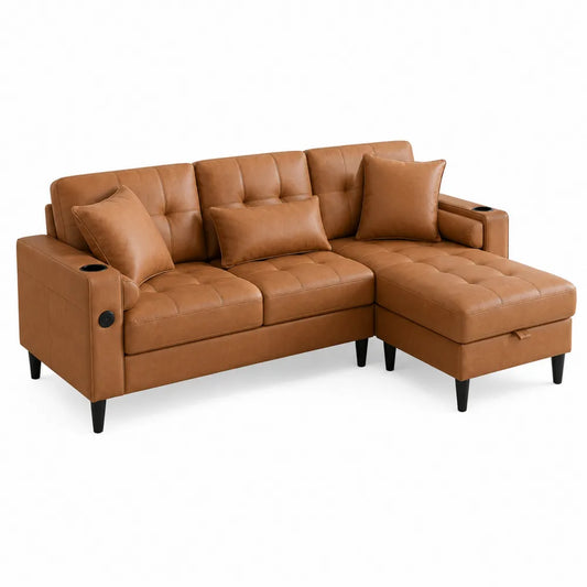 Divano angolare 3 posti in pelle PU marrone con chaise longue destra contenitore portabicchieri e gambe nere 230 x 150 x 90 cm