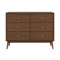 Cassettiera con 6 cassetti in legno effetto noce scuro con pomelli in metallo e gambe inclinate in legno stile moderno