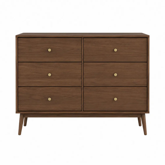 Cassettiera con 6 cassetti in legno effetto noce scuro con pomelli in metallo e gambe inclinate in legno stile moderno