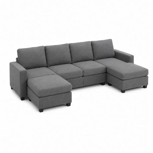 Divano modulare a L con chaise longue in tessuto grigio struttura in legno e metallo dimensioni 240 x 160 x 85 cm