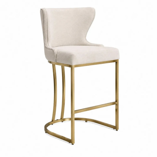 Sgabello da bar fisso con schienale avvolgente imbottito in tessuto beige e struttura in acciaio oro 50x50x105 cm