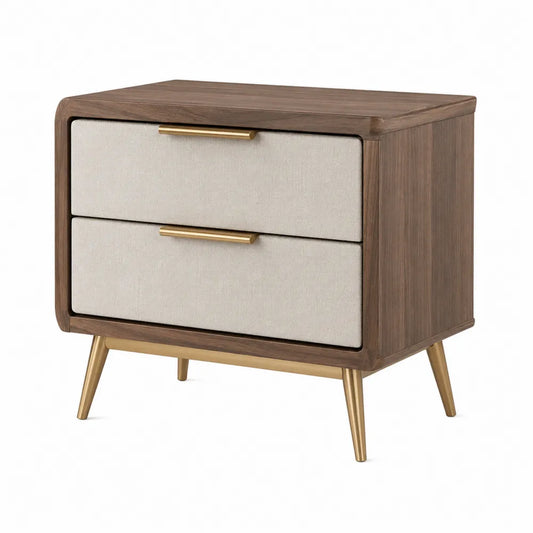 Comodino con 2 cassetti in MDF effetto noce con frontali in tessuto beige e gambe in metallo dorato