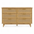 Cassettiera rettangolare con 6 cassetti in MDF rovere chiaro con frontali effetto rattan beige e maniglie oro 120 x 40 x 80 cm