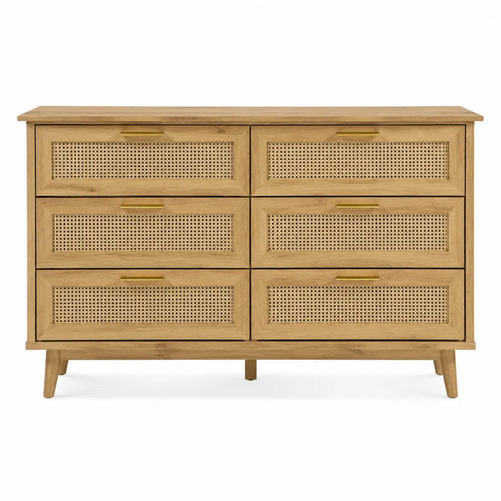 Cassettiera rettangolare con 6 cassetti in MDF rovere chiaro con frontali effetto rattan beige e maniglie oro 120 x 40 x 80 cm