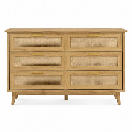 Cassettiera rettangolare con 6 cassetti in MDF rovere chiaro con frontali effetto rattan beige e maniglie oro 120 x 40 x 80 cm