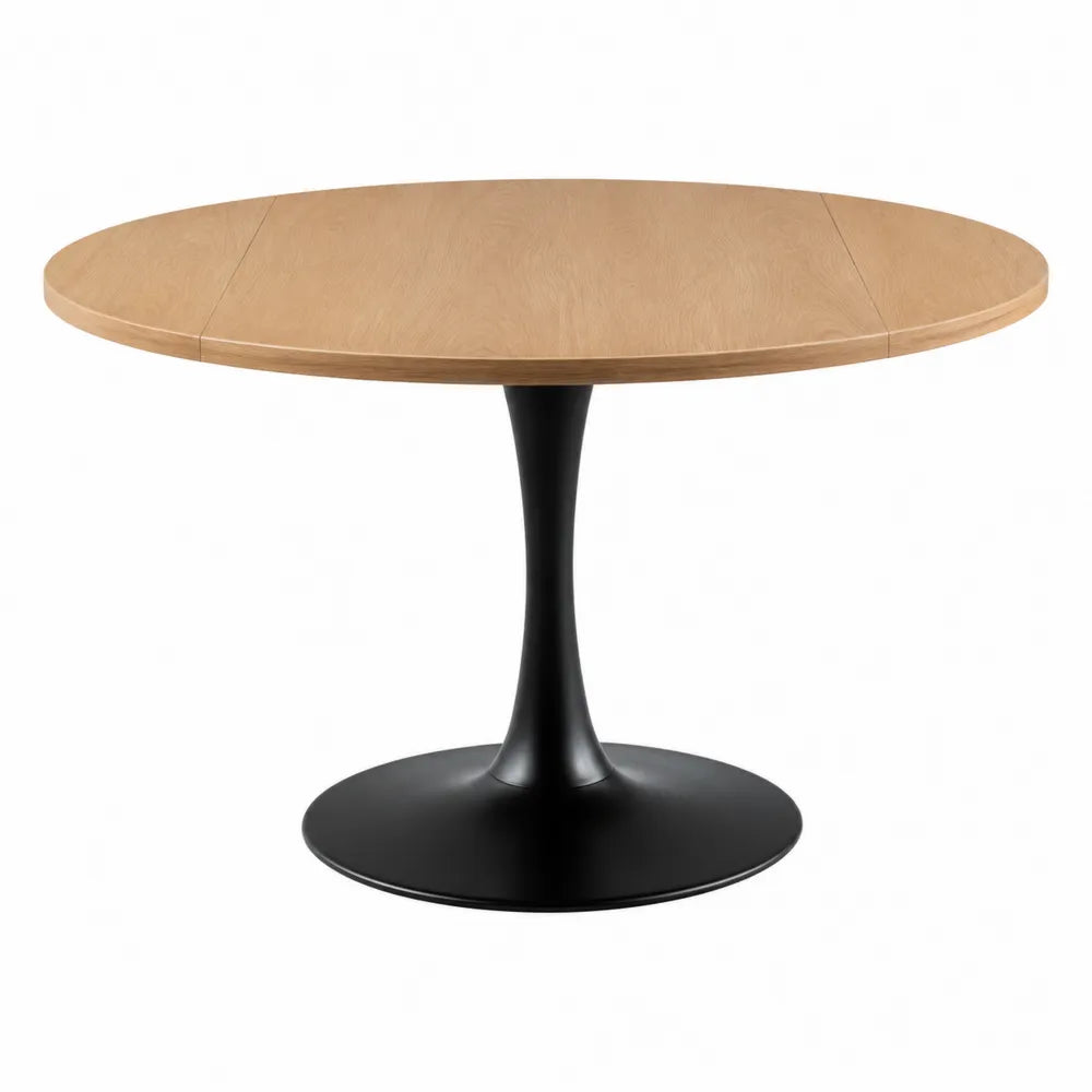 Tavolo da pranzo rotondo in legno con base centrale in metallo nero piano effetto rovere diametro circa 120 cm stile moderno