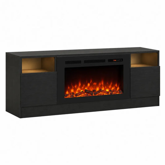 Mobile TV con camino elettrico integrato in MDF nero con vani laterali effetto fiamma LED 180 x 40 x 60 cm
