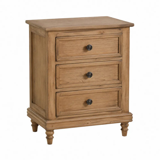 Comodino con 3 cassetti in legno effetto rovere con pomelli in metallo e gambe in legno tornito stile rustico