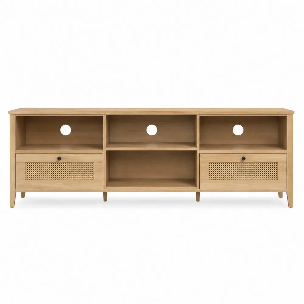Mobile TV in legno effetto rovere con ante in rattan sintetico e vani aperti dimensioni circa 180 x 40 x 50 cm