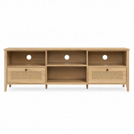 Mobile TV in legno effetto rovere con ante in rattan sintetico e vani aperti dimensioni circa 180 x 40 x 50 cm