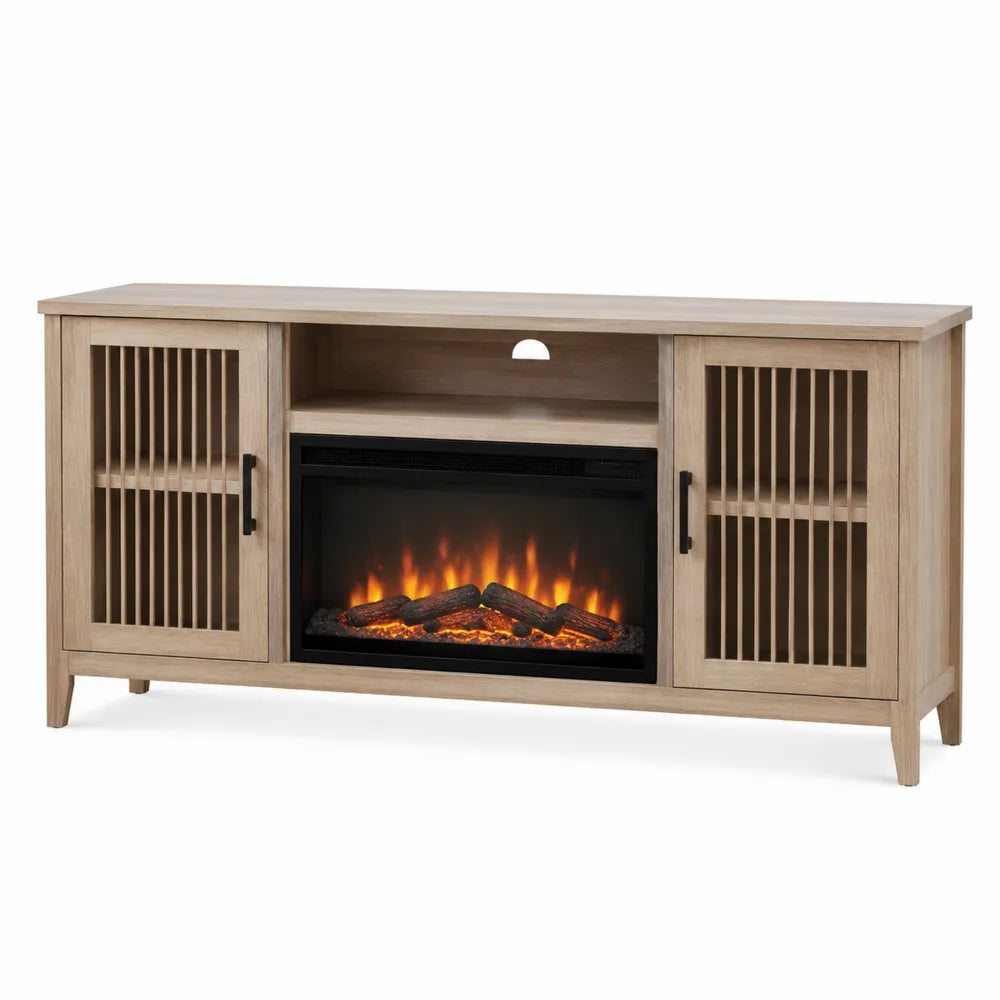 Mobile TV con camino elettrico integrato in MDF effetto legno naturale con ante a doghe 180 x 40 x 60 cm