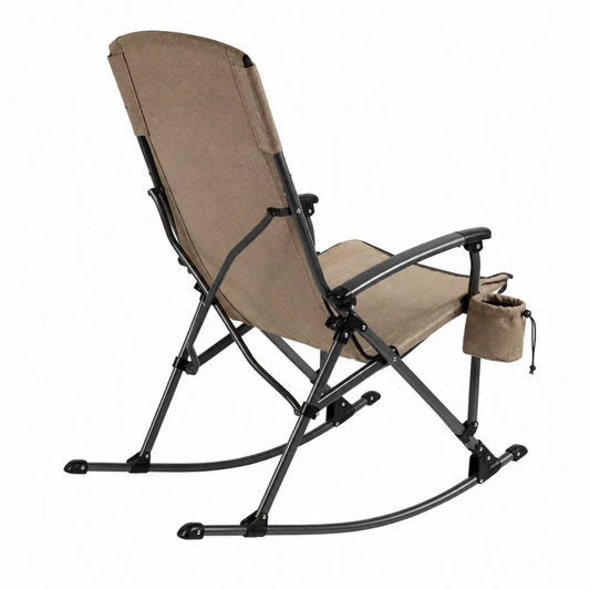 Sedia a dondolo pieghevole da esterno in acciaio verniciato nero con tessuto textilene beige braccioli e tasca portabicchiere 120 x 65 x 90 cm