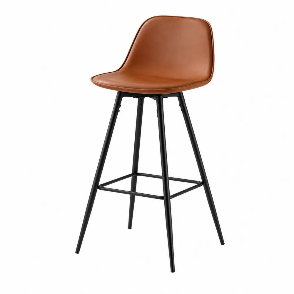 Sgabello da bar con schienale imbottito in pelle PU marrone e struttura in acciaio nero con poggiapiedi 45x45x95 cm