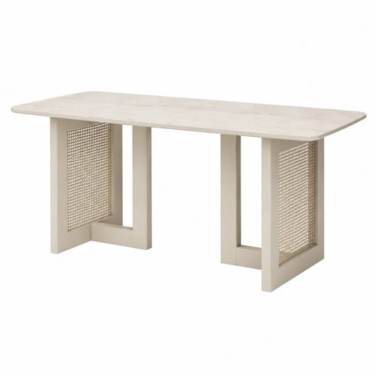 Tavolo da pranzo rettangolare in MDF e truciolare effetto pietra beige con pannelli laterali effetto rattan 160x90x75 cm