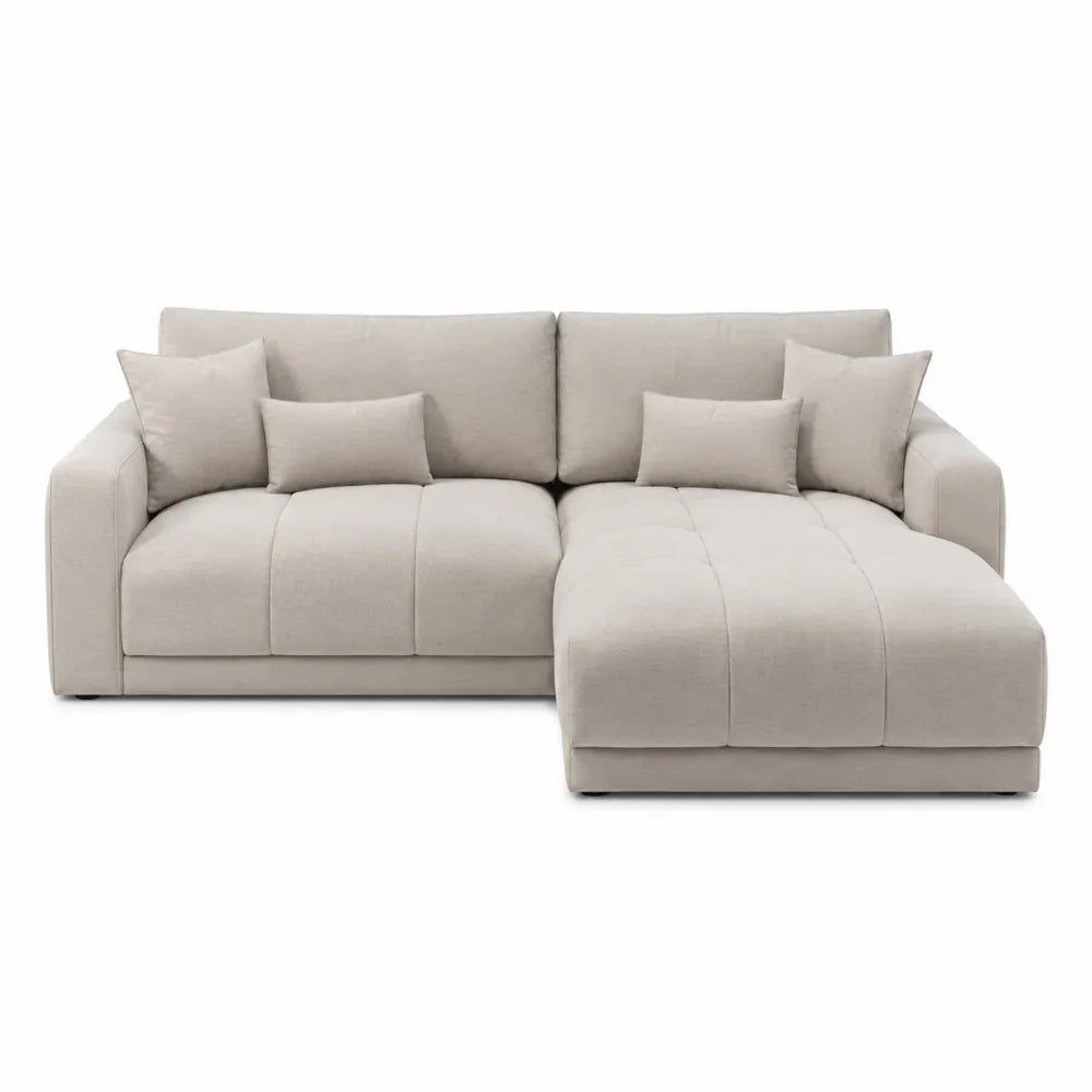 Divano angolare con chaise longue destra in tessuto poliestere beige con braccioli rettangolari 240 x 160 x 85 cm