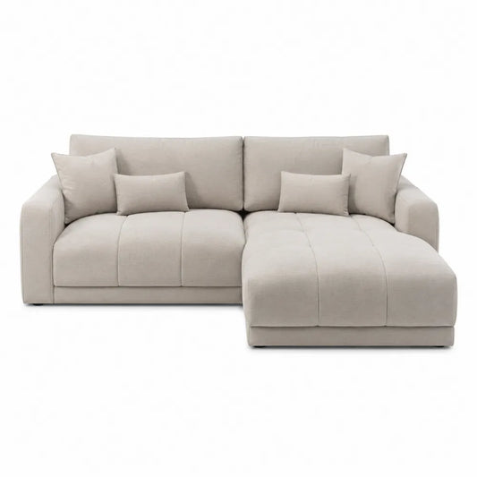 Divano angolare con chaise longue destra in tessuto poliestere beige con braccioli rettangolari 240 x 160 x 85 cm