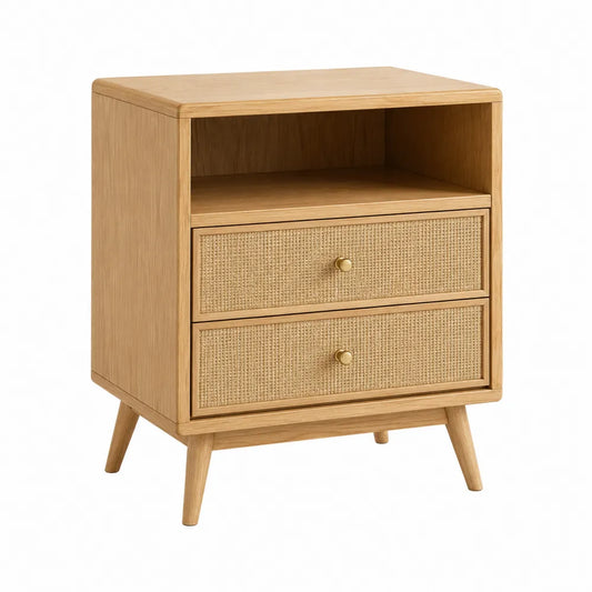 Comodino rettangolare con vano aperto e 2 cassetti effetto rattan in MDF rovere chiaro 50 x 40 x 65 cm