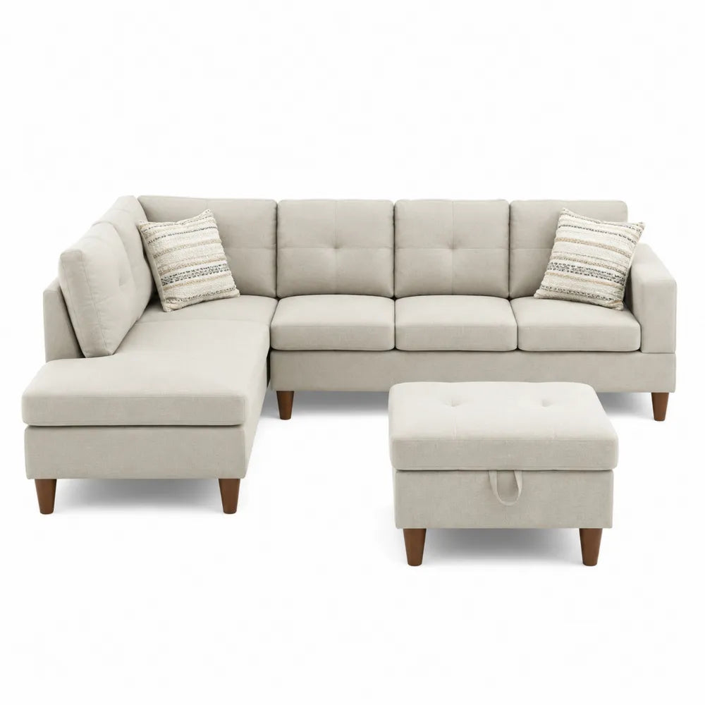 Divano angolare modulare in tessuto poliestere beige con chaise longue sinistra pouf contenitore e gambe in legno 240 x 160 x 85 cm