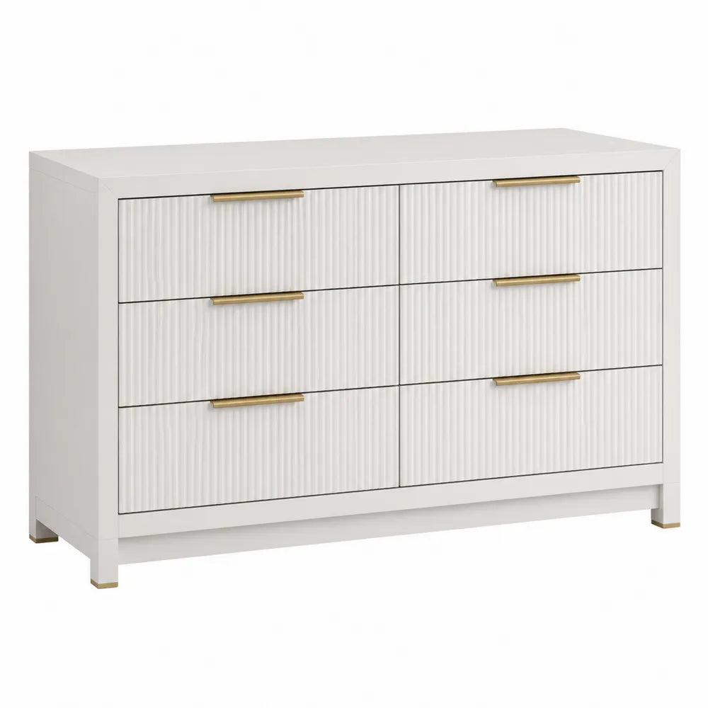 Cassettiera rettangolare con 6 cassetti scanalati in MDF bianco con maniglie oro 140 x 40 x 80 cm